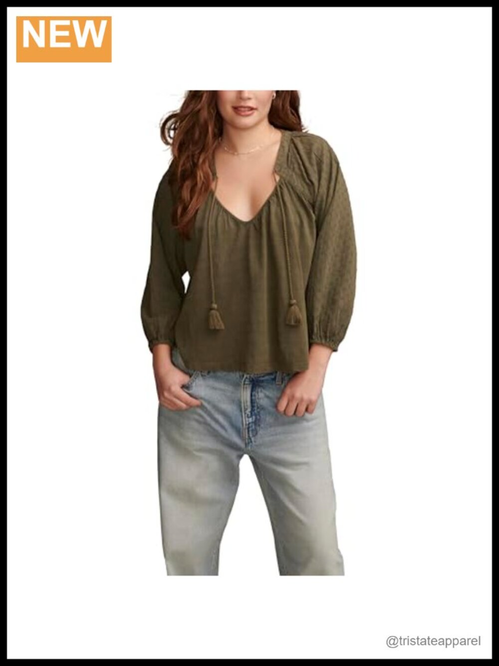 Lucky Brand Women's Knit Mix Peasant Blouse V-Neck Tie Knot Long Sleeve Cotton